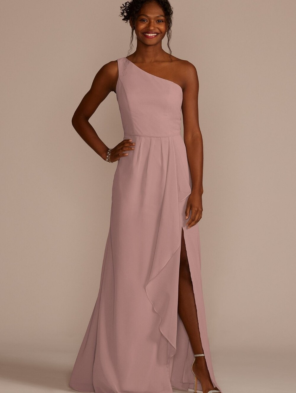 NWOT Celebrate DB Classic One-Shoulder Pink Evening Gown Size 4 Cascading Ruffle